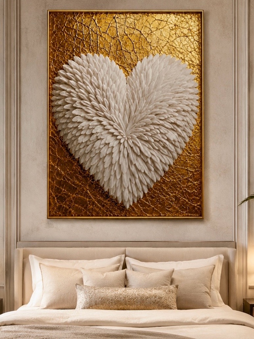 Luxe White Feather Heart Gold Wall Art Print | Elegant Angel Wing Home Decor
